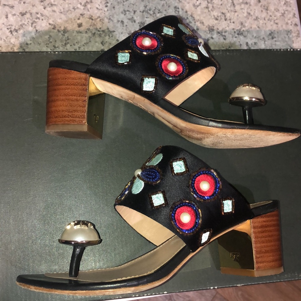 Tory Burch Estella Satin Bejeweled Pearl Block Sandal Sz 5 - Picture 3 of 16